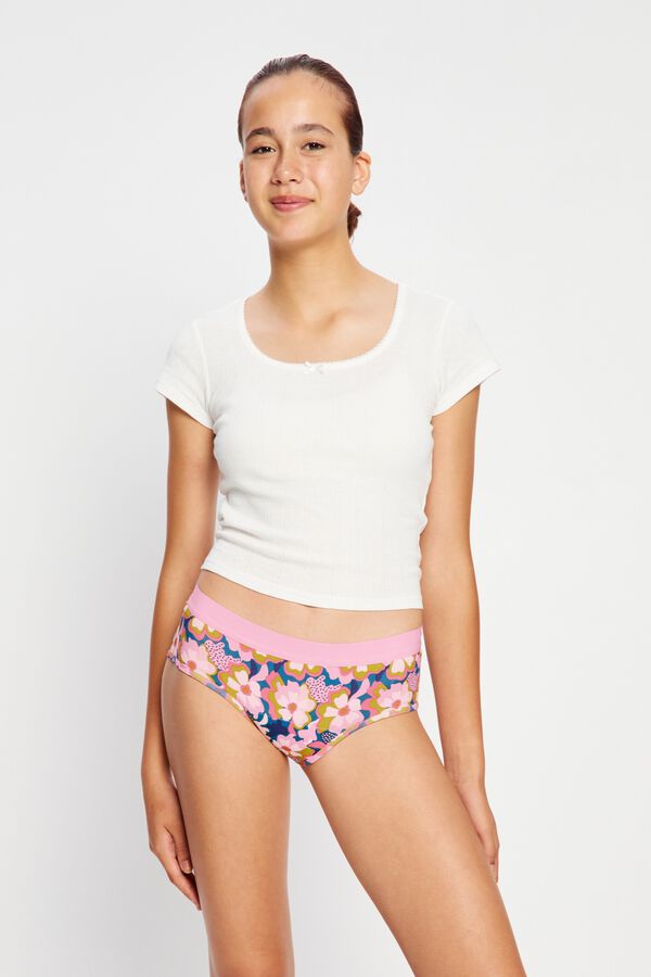 Modibodi Pink organic cotton heavy flow teen menstrual boyleg printed