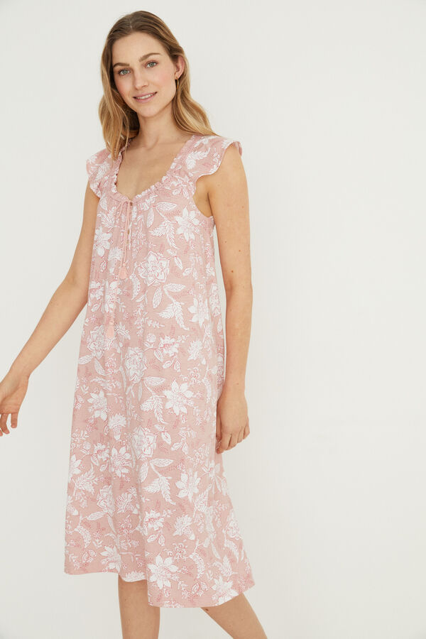 Womensecret Pink floral print 100% cotton midi nightgown pink