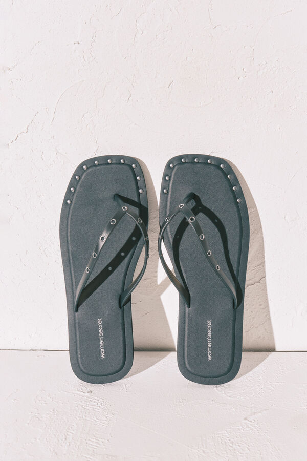 Women'secret Chinelos de quarto de bico quadrado pretos com tachas preto