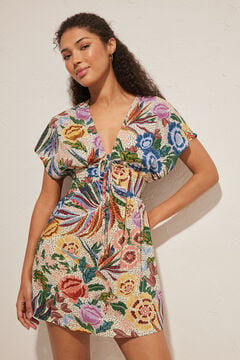 Womensecret Kurzes Kleid Tropical-Print Weiß