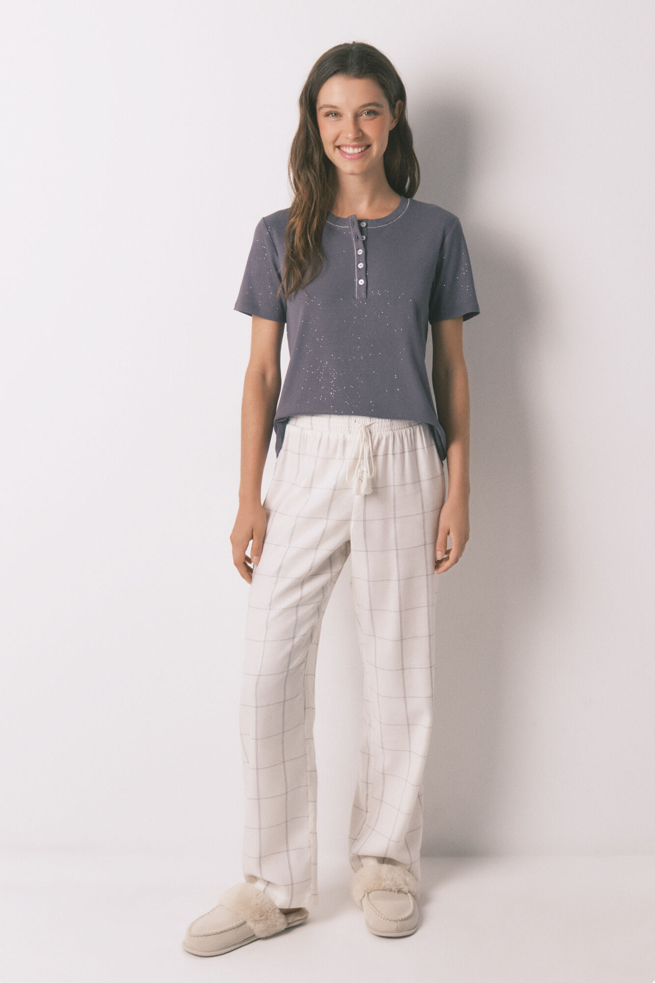 Women'secret Cal&ccedil;a comprida de flanela branca com estampa xadrez