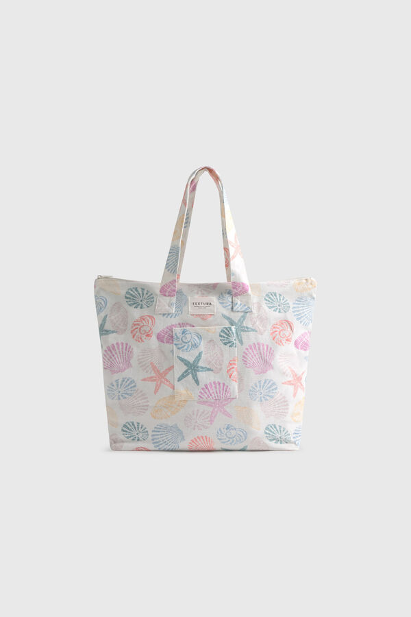Textura Strandtasche aus Baumwolle mit Unterwasserwelt-Motiv Wei&szlig;