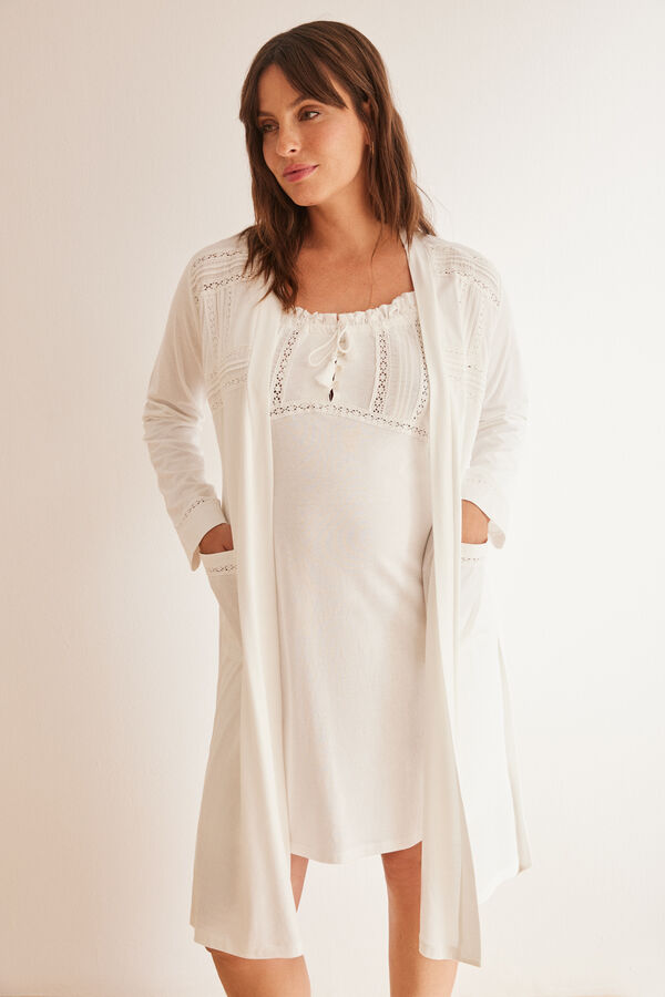 Womensecret Bata "maternity" blanco algodón bordados marfil