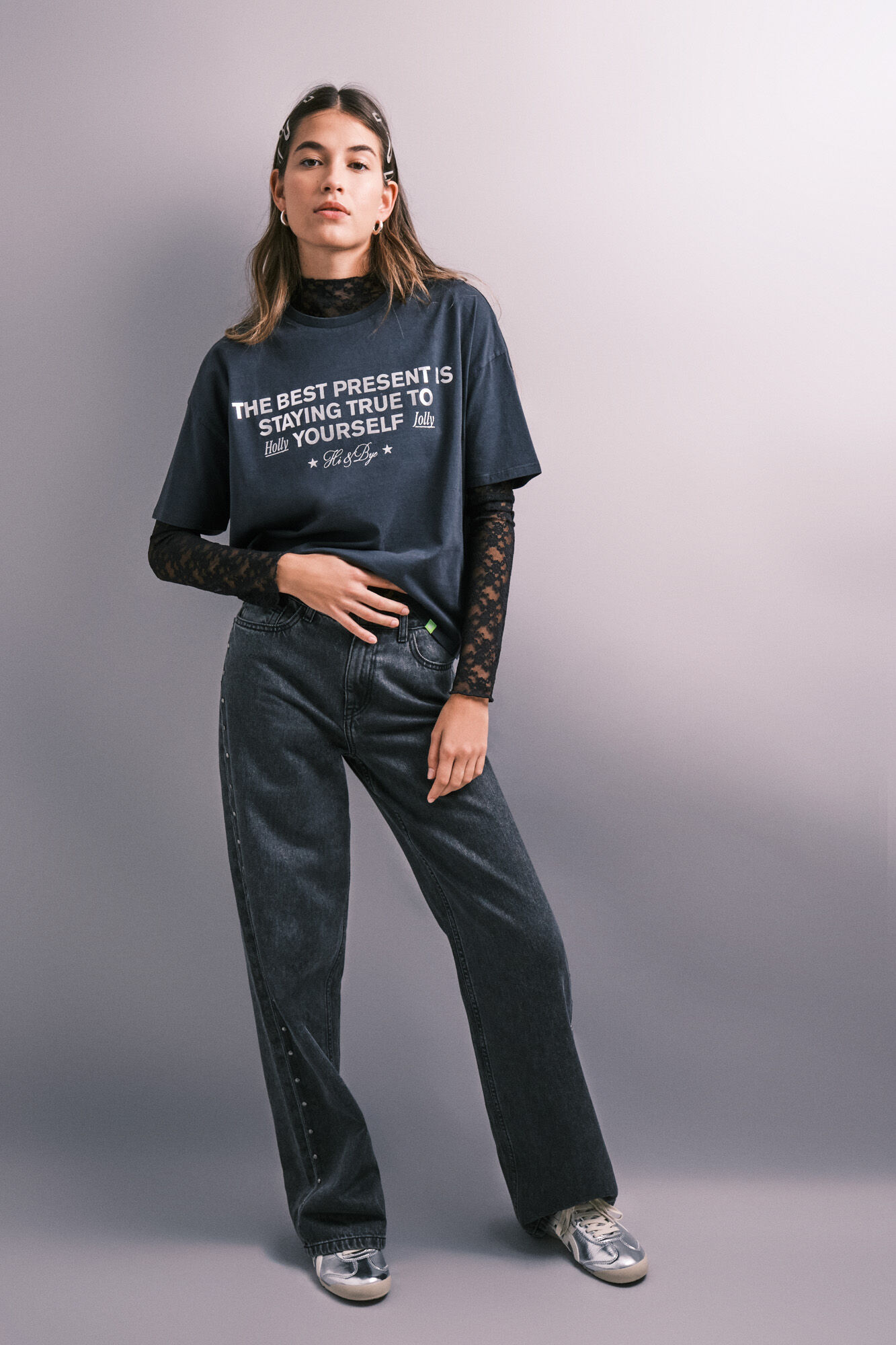 HI&BYE Dark grey glitter short sleeve T-shirt