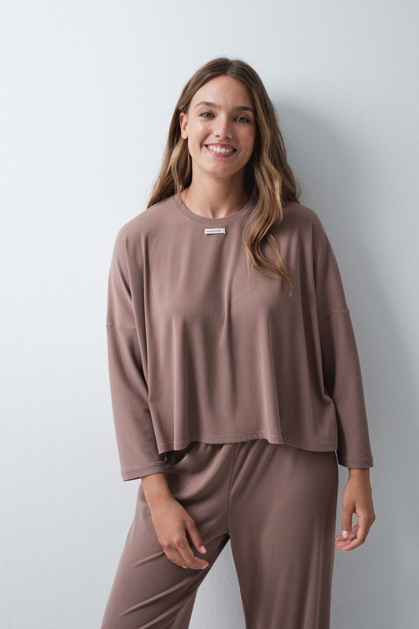 Women'secret Brown ribbed long pyjamas