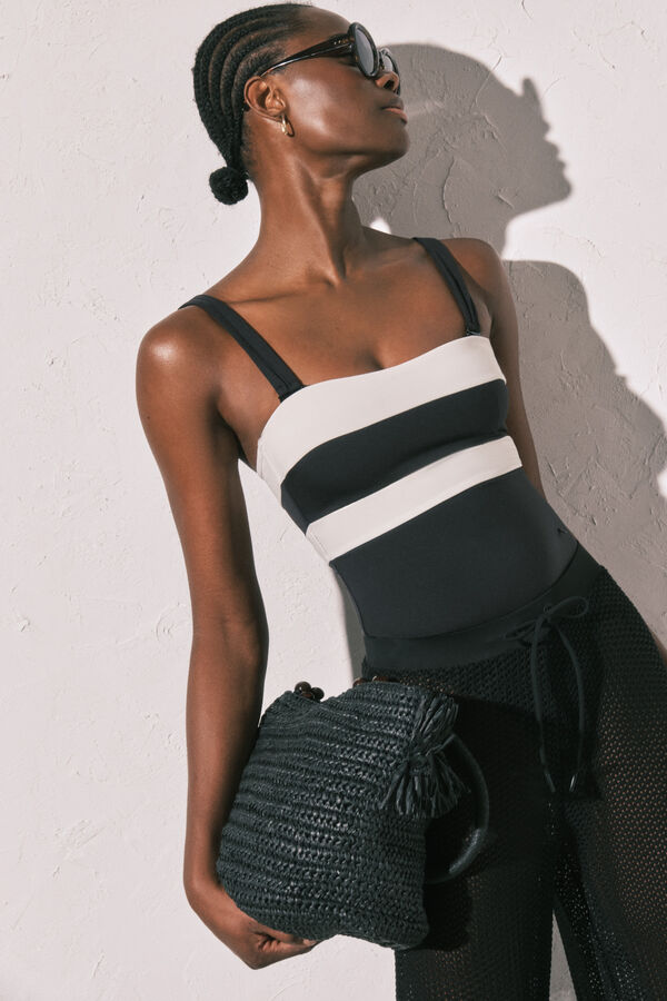 Women'secret Black and white color block bandeau shaping swimwear black