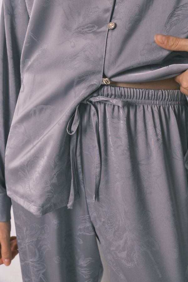 Women'secret Pijama camisero largo satén jacquard gris gris