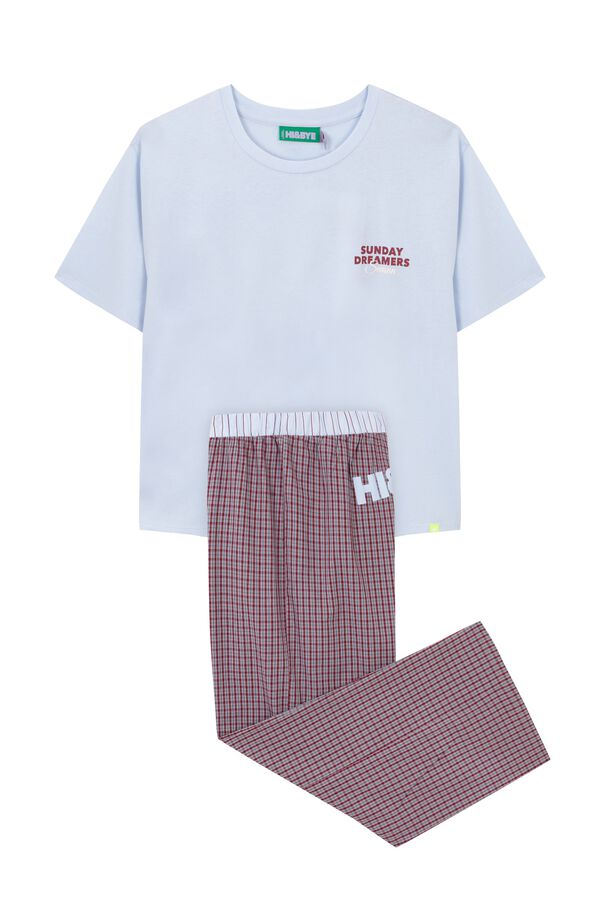 HI&BYE Plaid cotton long pyjamas blue