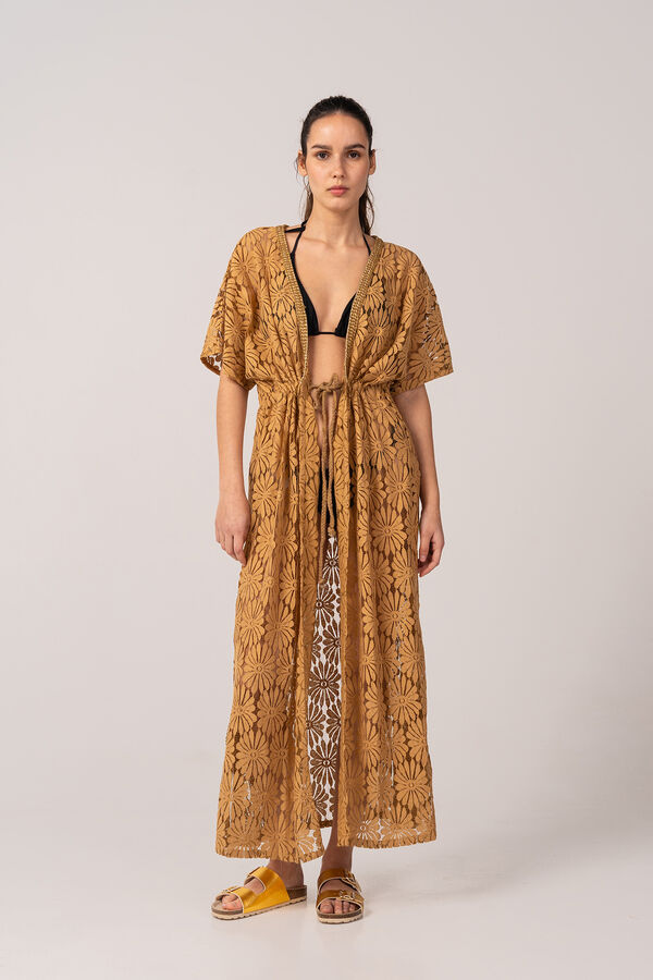 Womensecret Women's kimono with cotton lace in camel barna