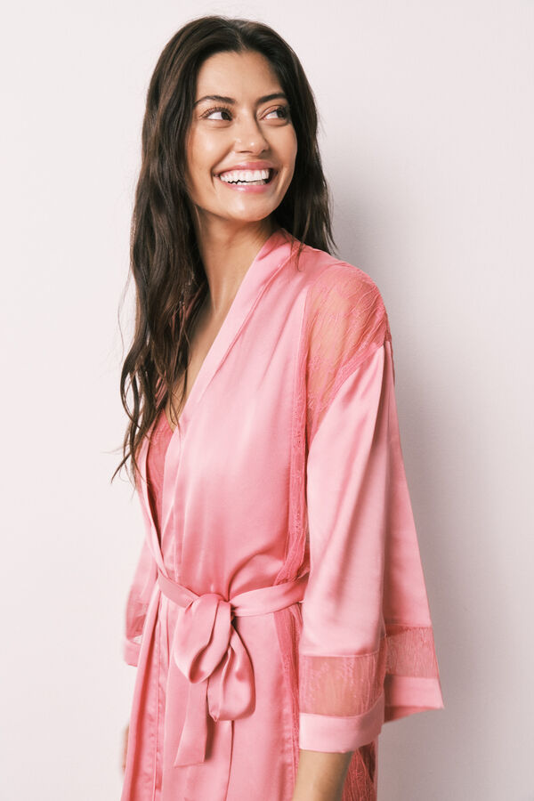 Women'secret Bata larga satinada encaje rosa