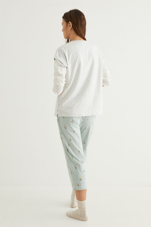 Womensecret Langer Pyjama Blumen 100 % Baumwolle in Grau Grau