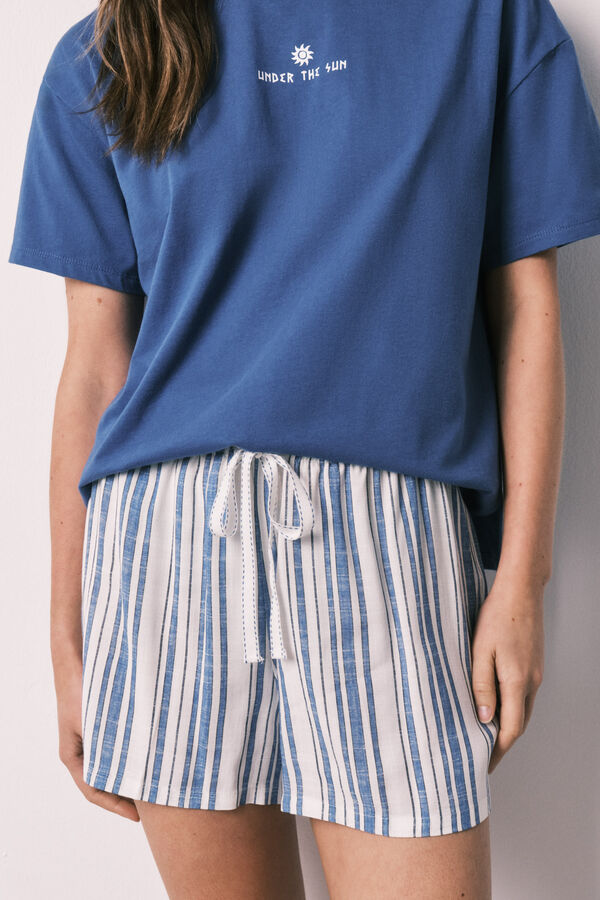 Women'secret Pyjama court en coton et viscose &agrave; rayures bleu bleu