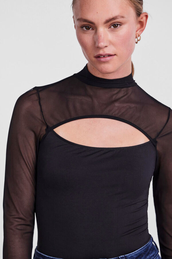 Womensecret Long-sleeved bodysuit with high neck. Transparent sleeves. fekete