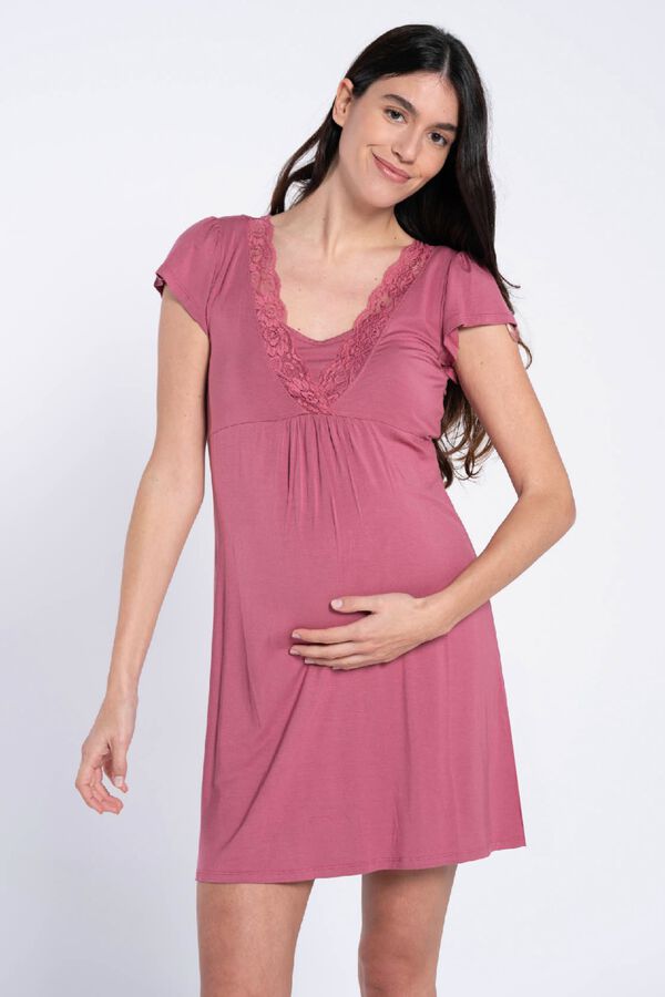 Ohma! Short-sleeved nursing nightgown with lace pink