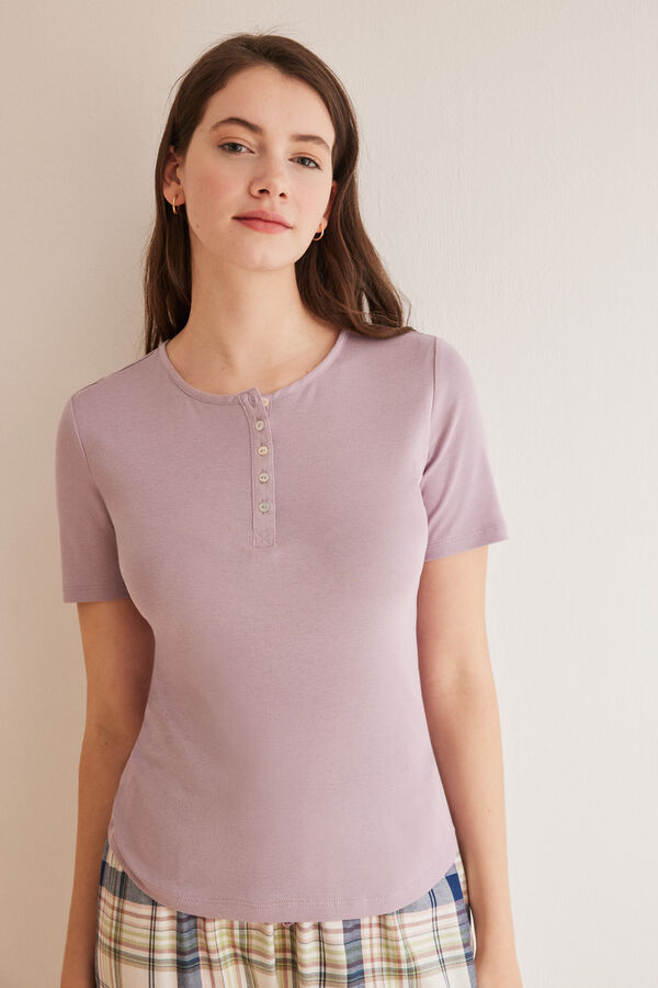 Womensecret Purple 100% cotton short-sleeved Henley top pink