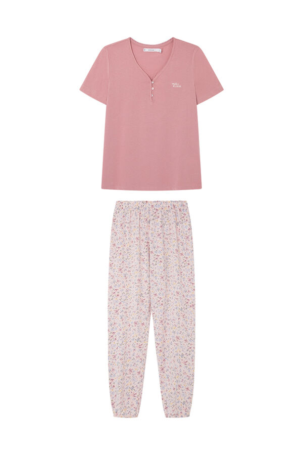 Womensecret Rövid ujjú, hosszú nadrágos, virágmintás pizsama, 100% pamutból rózsaszín
