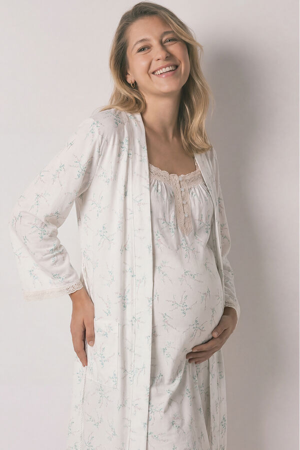 Women'secret Floral print cotton long maternity robe beige