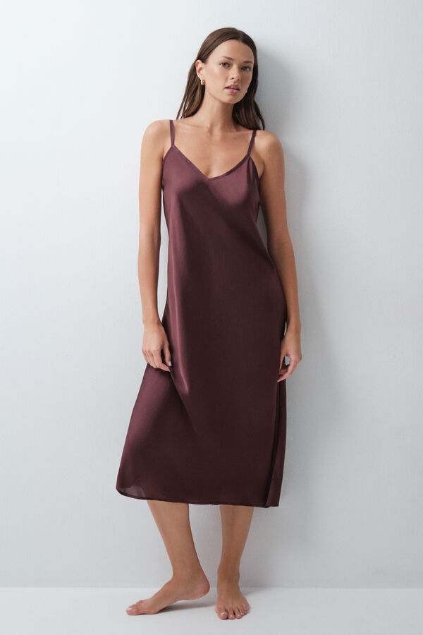 Women'secret Burgundy satin-finish long nightgown red