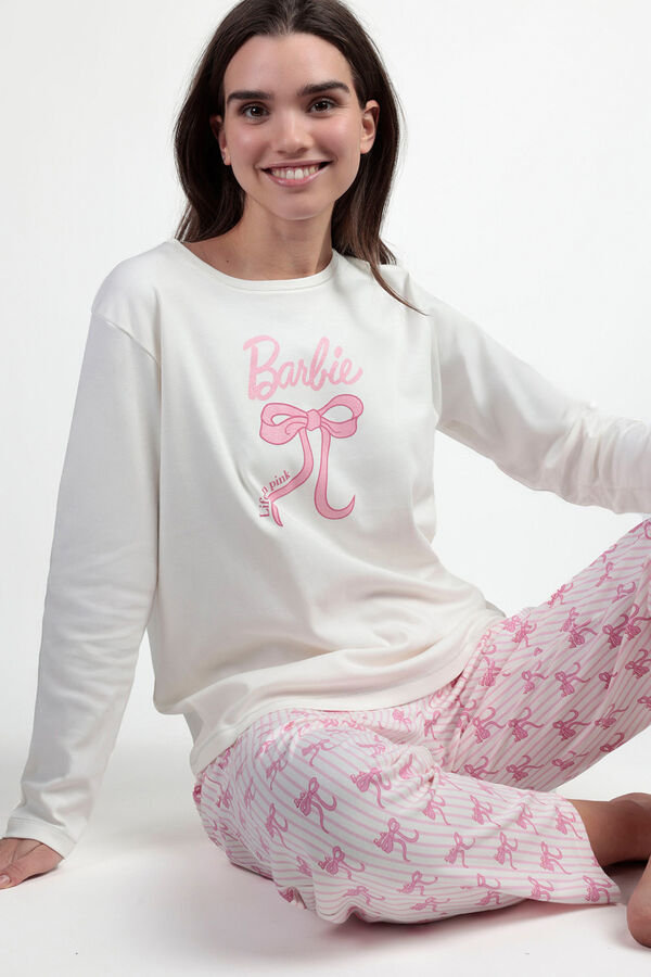 Admas Pijama largo rayas lazos Barbie 100% algod&oacute;n  beige