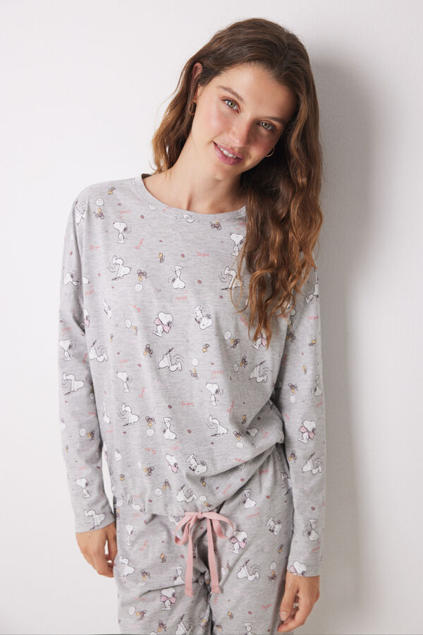 Womensecret Langer Pyjama 100 % Baumwolle Snoopy Grau