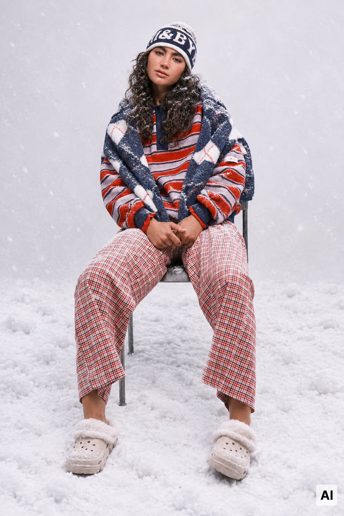 HI&BYE Purple striped faux shearling polo sweatshirt