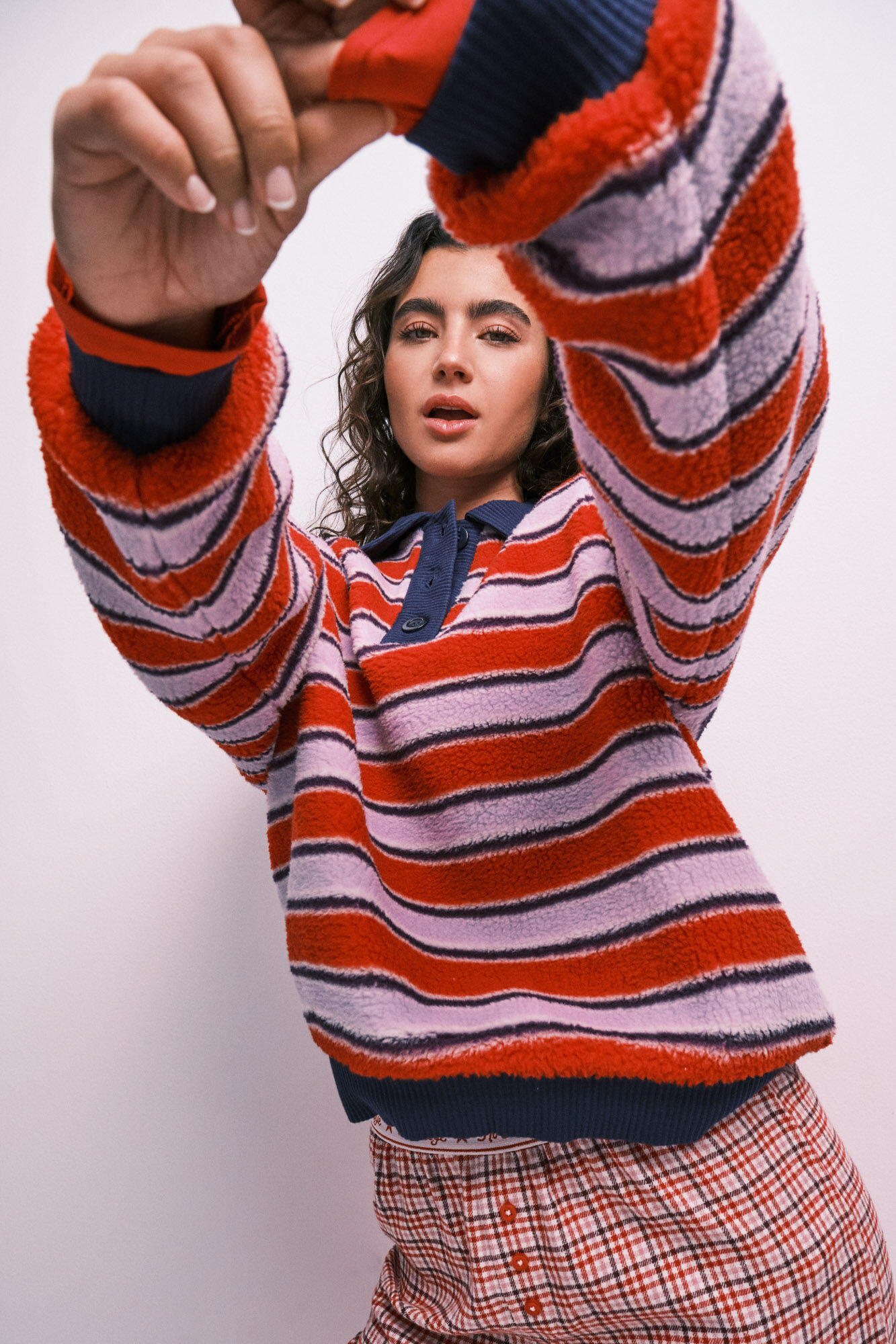 HI&BYE Purple striped faux shearling polo sweatshirt
