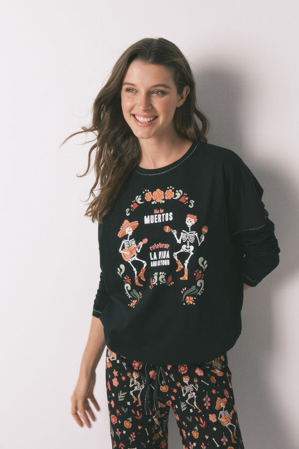 Women'secret 100% cotton "Day of the Dead" long pyjamas in black black