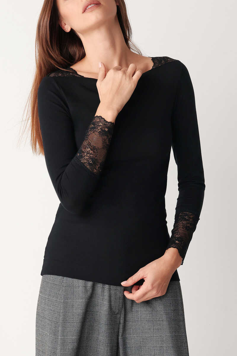 Camiseta manga larga con encaje negro mujer