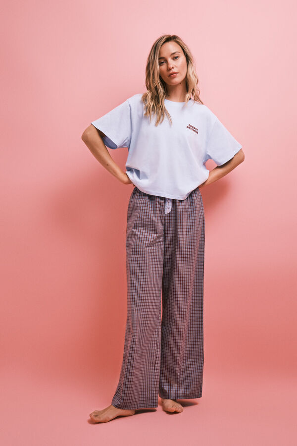 HI&BYE Plaid cotton long pyjamas blue