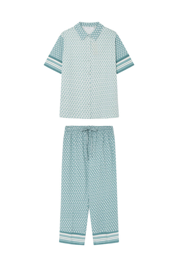 Womensecret Pyjama Hemdlook 100 % Baumwolle Briefmarke Blume Blau