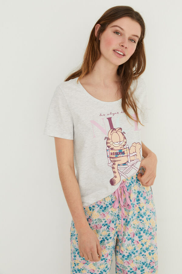 Womensecret Long cotton pyjamas with floral Garfield print grey
