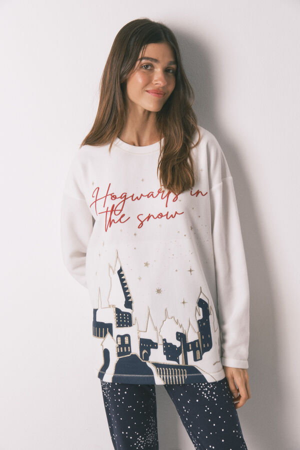 Women'secret Long 'Hogwarts' print fleece pyjamas beige