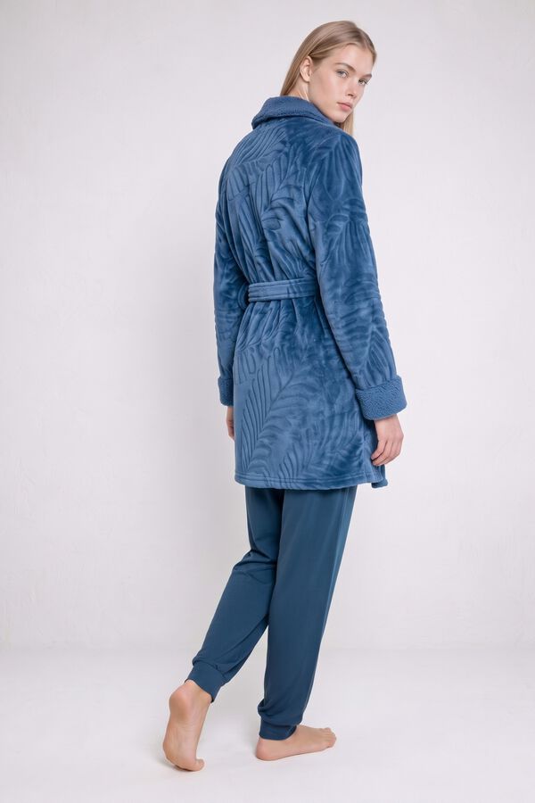 Gisela Printed button-up short robe with belt blue