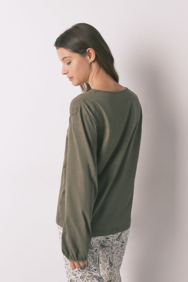 Women'secret Green cotton ruched long sleeve T-shirt beige