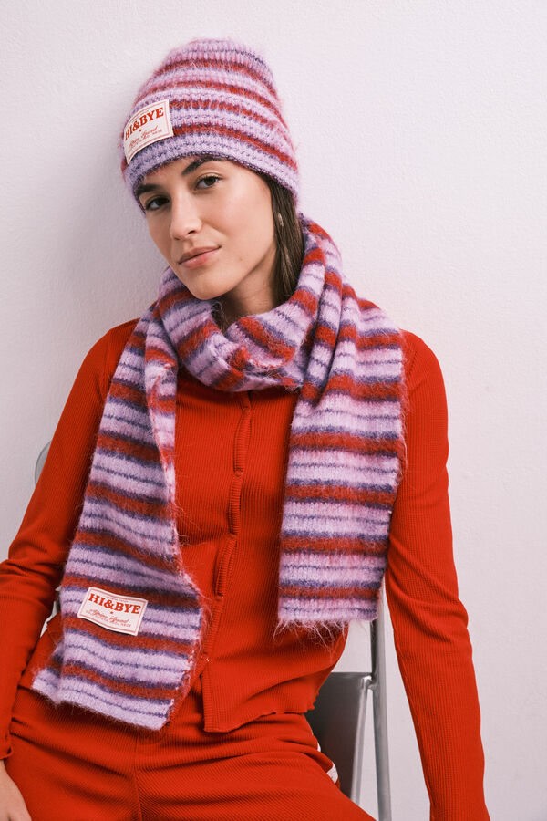 HI&BYE Bonnet en maille &agrave; rayures violet rose