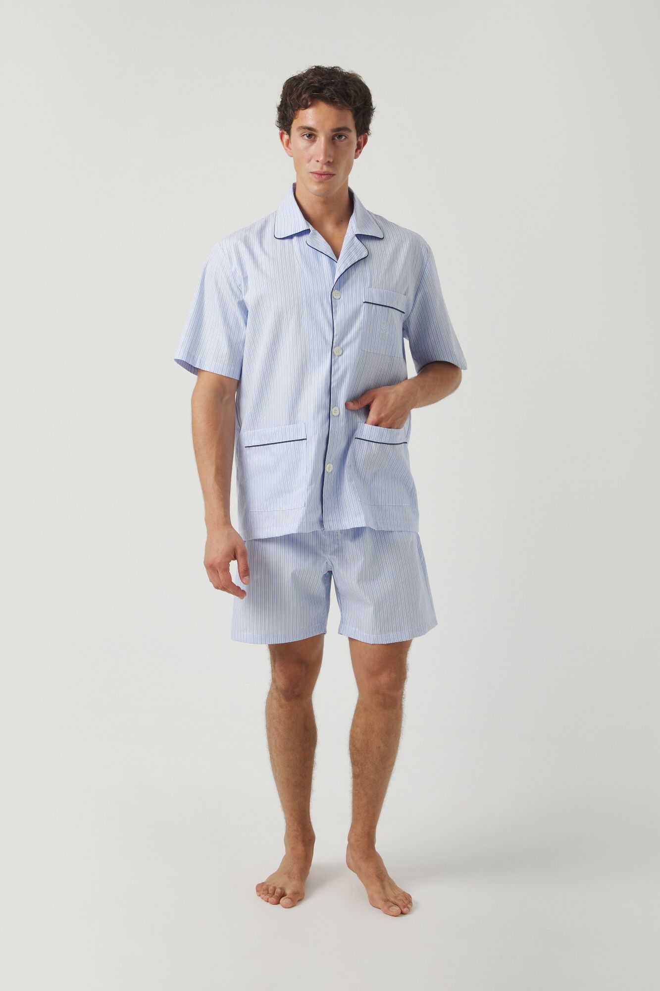 Kiff-Kiff Pijama curto em popelina de riscas com gola debruada azul-marinho