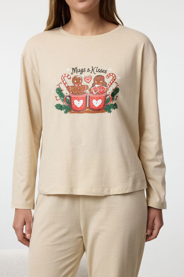 Trendyol Conjunto pijama galletas Navidad 100% algod&oacute;n beige
