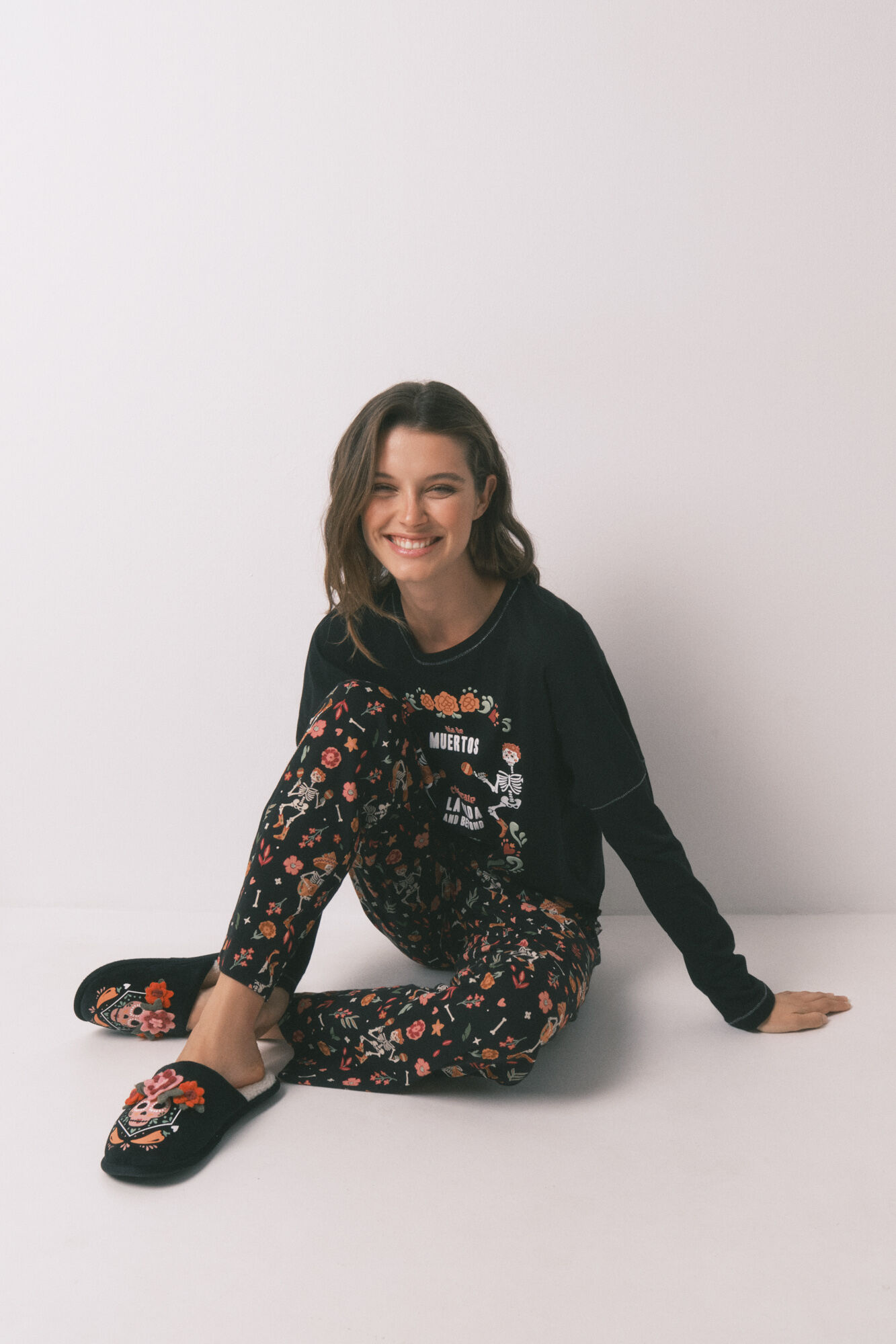 Women'secret 100% cotton "Day of the Dead" long pyjamas in black