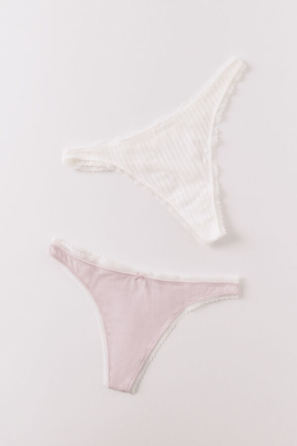 Women'secret Lot de 2 strings en coton rose et imprim&eacute; blanc blanc
