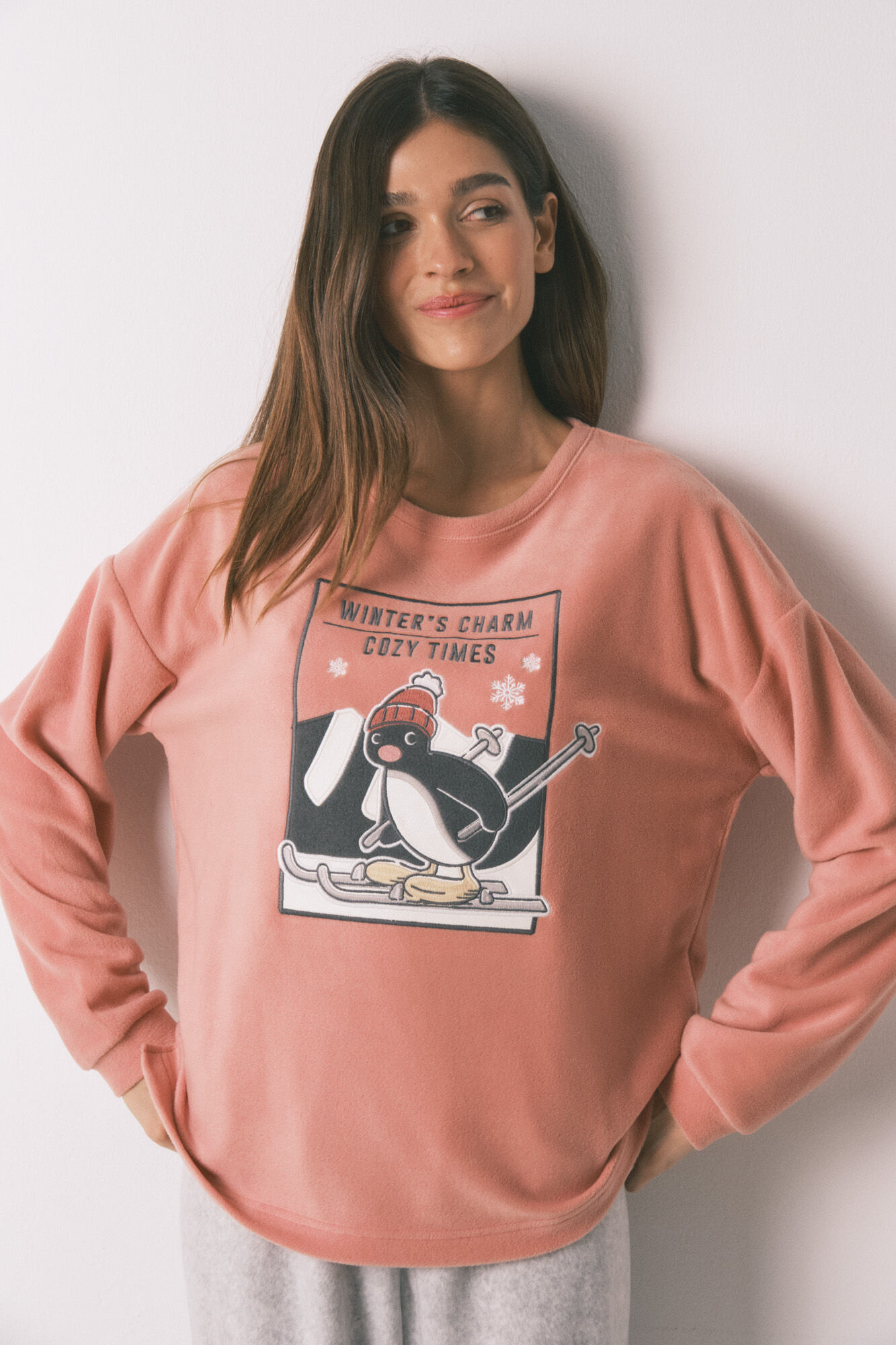 Women'secret Soft pink and grey fleece long pyjamas Pingu