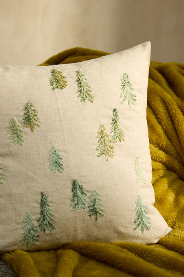 Calma House Funda de coj&iacute;n cuadrada de lino con bordados Avet beige