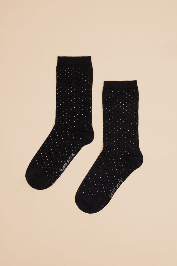Womensecret Duge crne pamučne čarape na točkice Crna