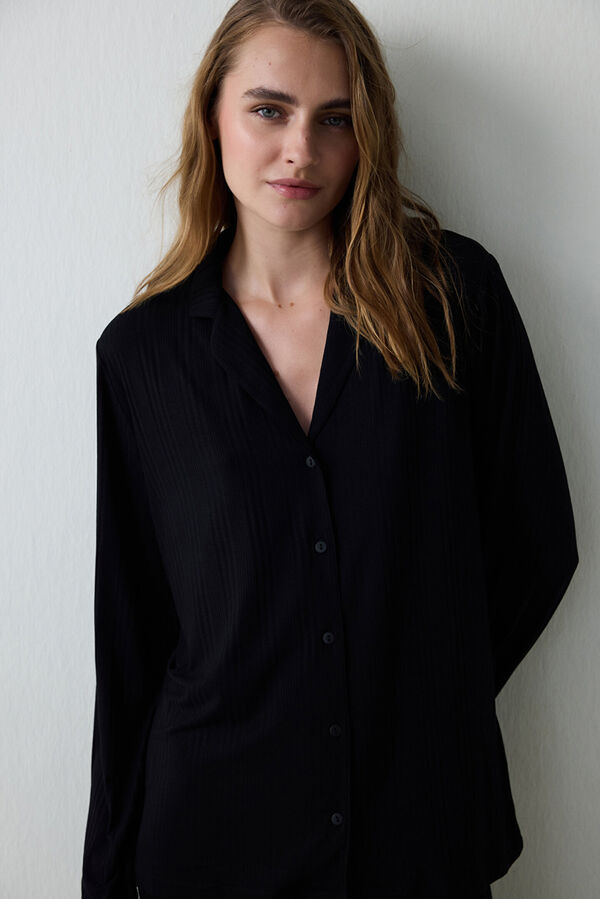 Penti Dark Solid Rib Ls Shirt Pant Set Crna