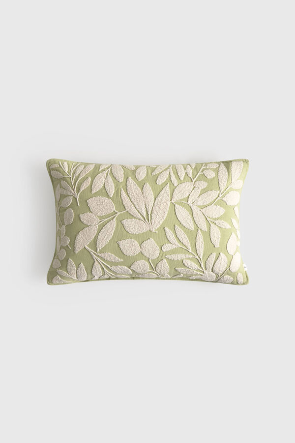 Textura Embroidered cotton cushion cover with flowers green