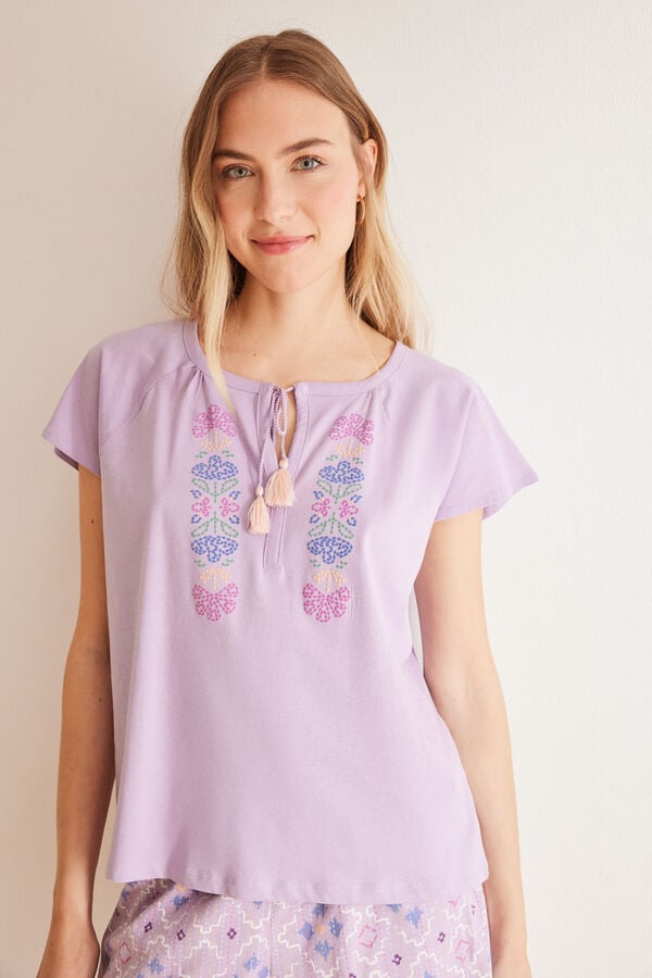 Womensecret Pijama 100% algodón étnico bordado morado/lila