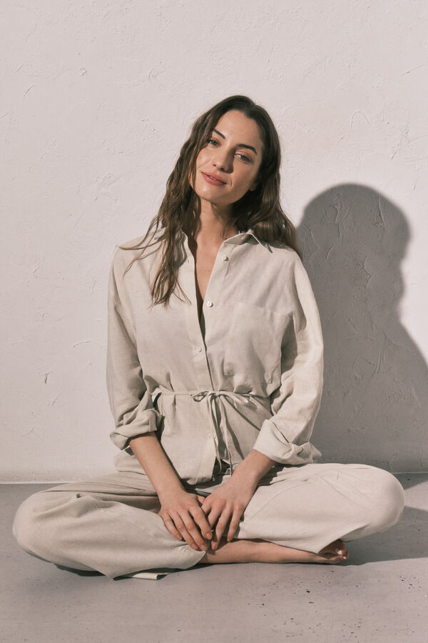 Women'secret Bela lanena ko&scaron;ulja dugih rukava Braon