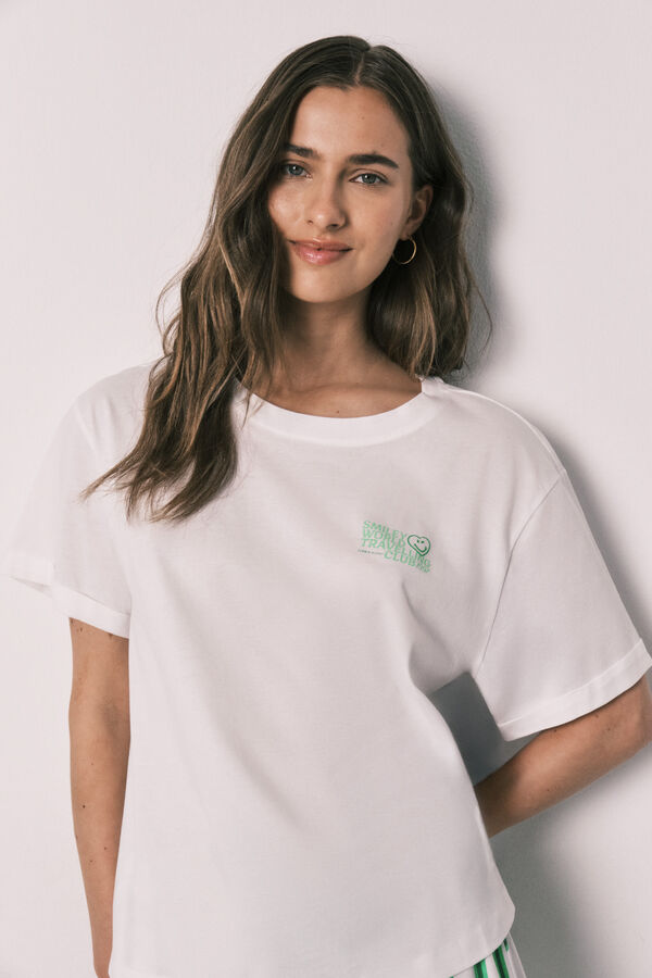 Women'secret Wei&szlig;es Baumwoll-Pyjama kurz SmileyWorld&reg; Naturwei&szlig;
