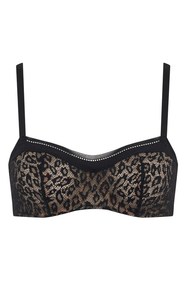 Womensecret Underwired bandeau bra in all-over animal print lace for an on-trend look. In soft fabric for all-day comfort. Crna