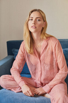 Womensecret Pijama camisero largo encaje rosa coral