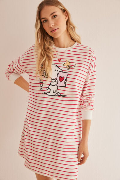 Womensecret Snoopy-mintás, csíkos hálóing 100% pamutból piros